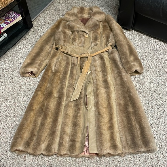 Vintage 70s faux fur vegan leather long belted coat - Picture 1 of 12